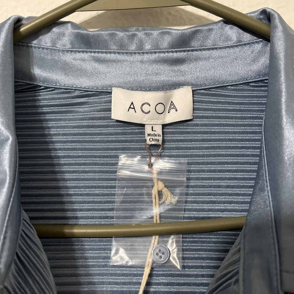 ACOA Blue Pleated Satin Shirt Dress Belted Long Sleeve Button Front Size L NWT - Picture 4 of 7